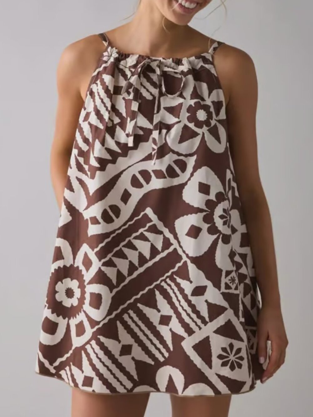 Urban Outfitters BDG Eva Tie-Front Ruched Strap Trapeze Mini Dress Brown - M